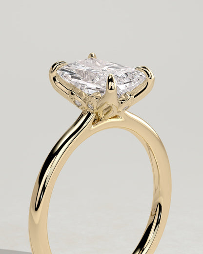 Harriet - Radiant Claw Solitaire with Petal Gallery, Accent Leaf Detail and Cathedral Setting Engagement Ring - Yellow Gold