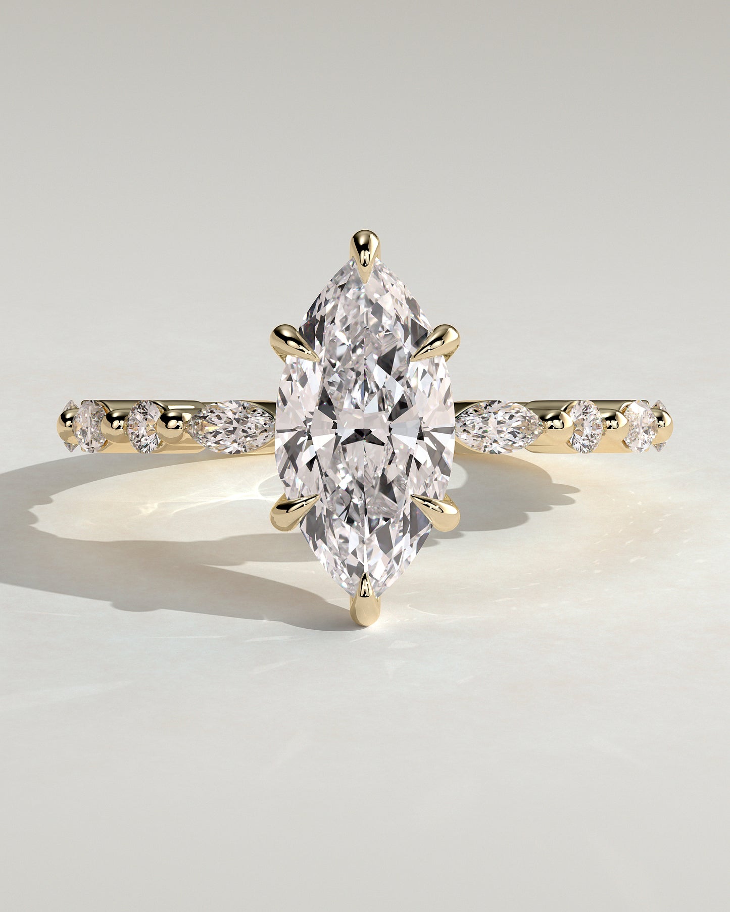 Beatrice - Marquise Claw Solitaire with Marquise and Round Accent Stones Engagement Ring - Yellow Gold - Yellow Gold 2ct