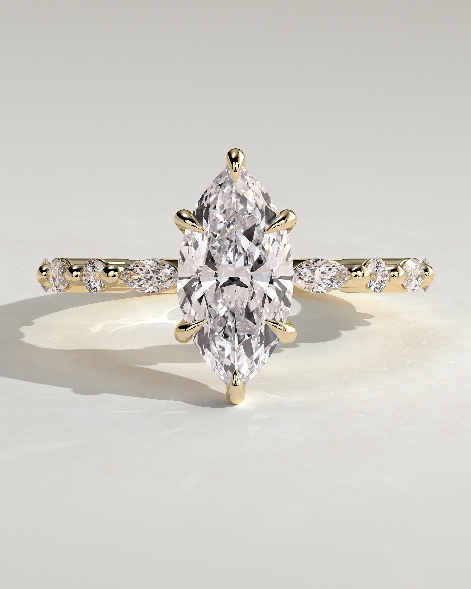 Beatrice - Marquise Claw Solitaire with Marquise and Round Accent Stones Engagement Ring - Yellow Gold - Yellow Gold 2ct