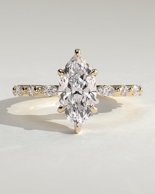 Beatrice - Marquise Claw Solitaire with Marquise and Round Accent Stones Engagement Ring - Yellow Gold - Yellow Gold 2ct