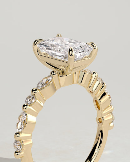 Dayna - Radiant Claw Solitaire with Marquise and Round Accent Stones Engagement Ring - Yellow Gold