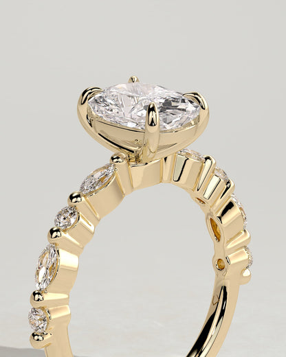 Delphine - Elongated Cushion Claw Solitaire with Marquise and Round Accent Stones Engagement Ring - Yellow Gold