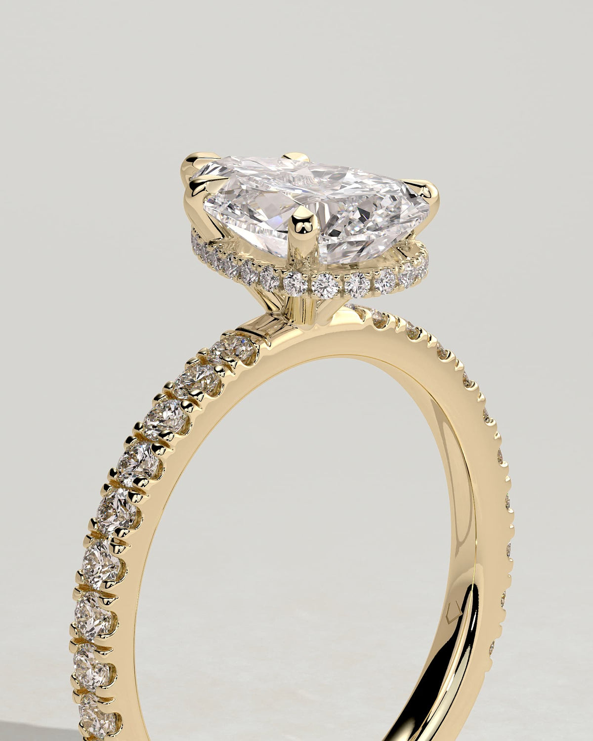 Jordanna - Pear Claw Solitaire with Wrap Around Hidden Halo and Pave Band Engagement Ring - Yellow Gold