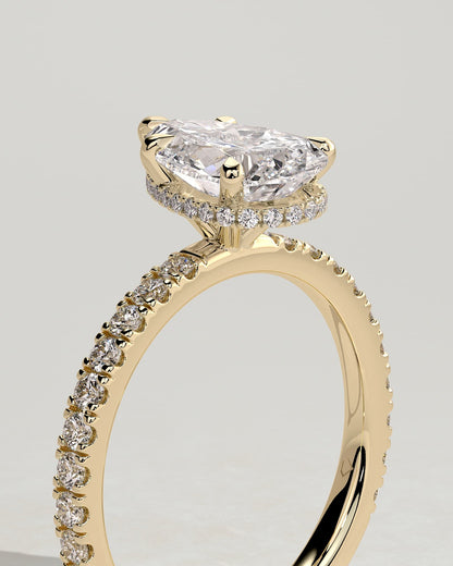 Jordanna - Pear Claw Solitaire with Wrap Around Hidden Halo and Pave Band Engagement Ring - Yellow Gold