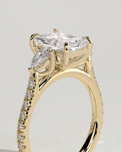 Ginny - Radiant Claw Trilogy with Pear Side Stones and Pave Band Engagement Ring - Yellow Gold