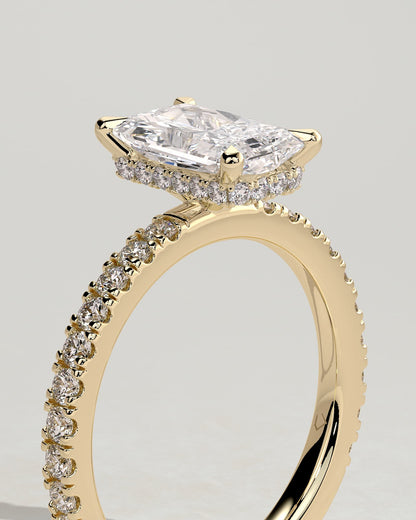 Ellie - Radiant Claw Solitaire with Wrap Around Hidden Halo and Pave Band Engagement Ring - Yellow Gold