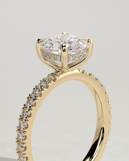 Claudia - Cushion Claw Solitaire with Hidden Halo and Pave Band Engagement Ring - Yellow Gold