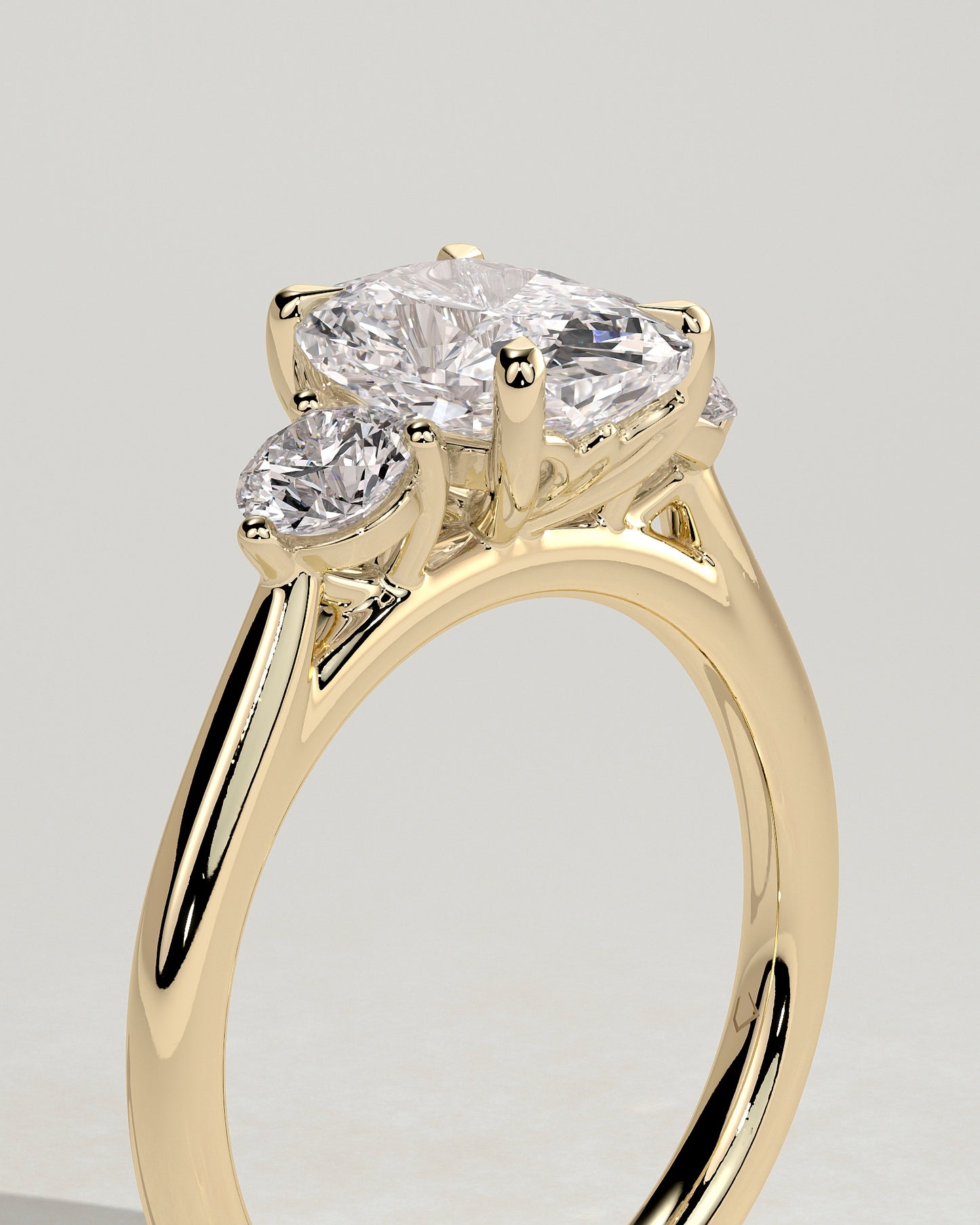 Charmaine - Elongated Cushion Claw Trilogy with Round Side Stones and Lily Detail Engagement Ring - Yellow Gold - Yellow Gold 2ct