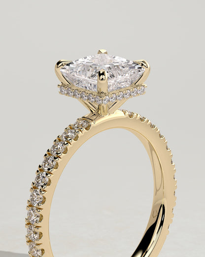 Brooklyn - Princess Claw Solitaire with Wrap Around Hidden Halo and Pave Band Engagement Ring - Yellow Gold