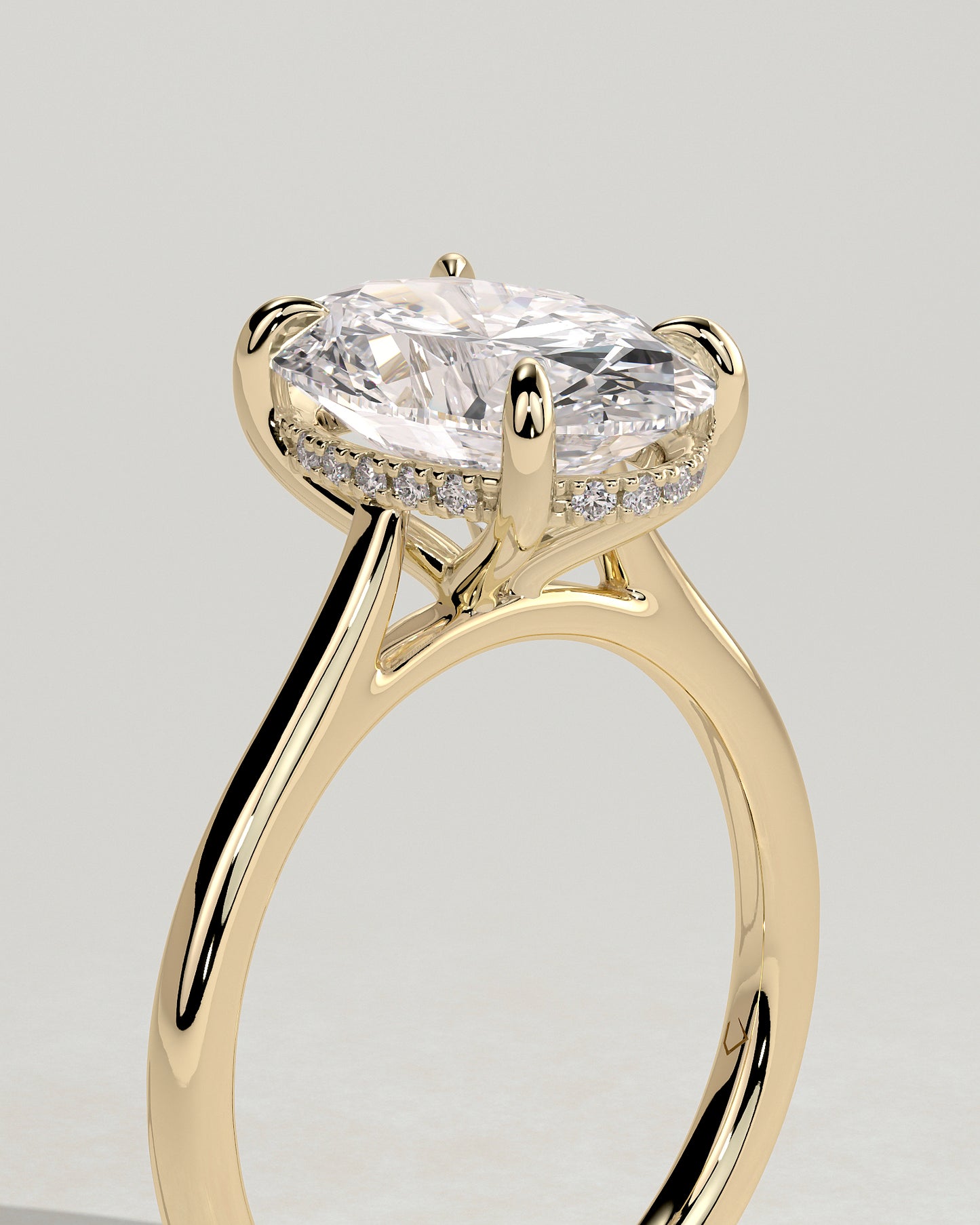 Bethany - Oval Claw Solitaire with Hidden Halo, Tapered Band and Cathedral High Setting Engagement Ring - Yellow Gold - Yellow Gold 2ct