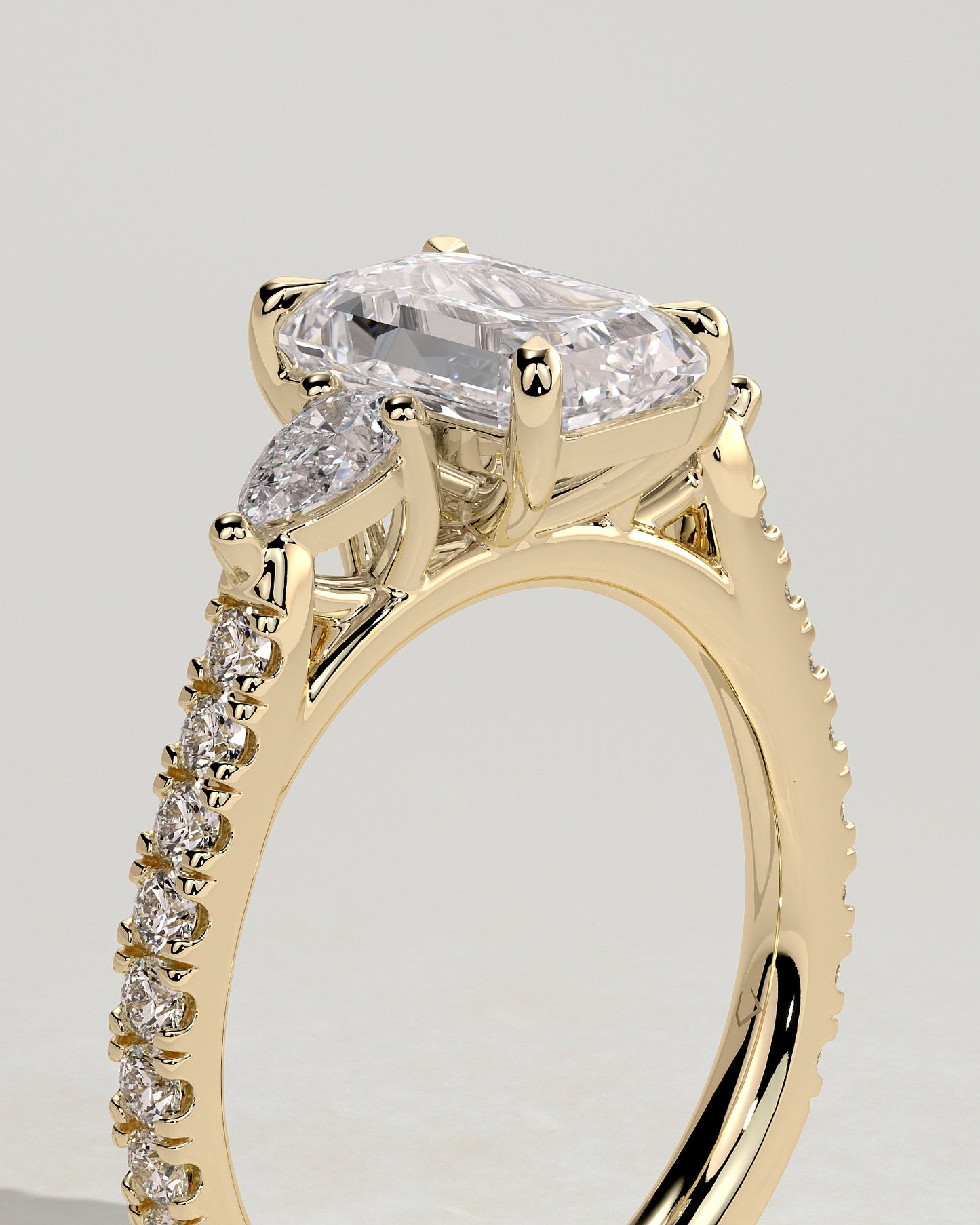 Autumn - Emerald Claw Trilogy with Pear Side Stones and Pave Band Engagement Ring - Yellow Gold - Yellow Gold 2ct