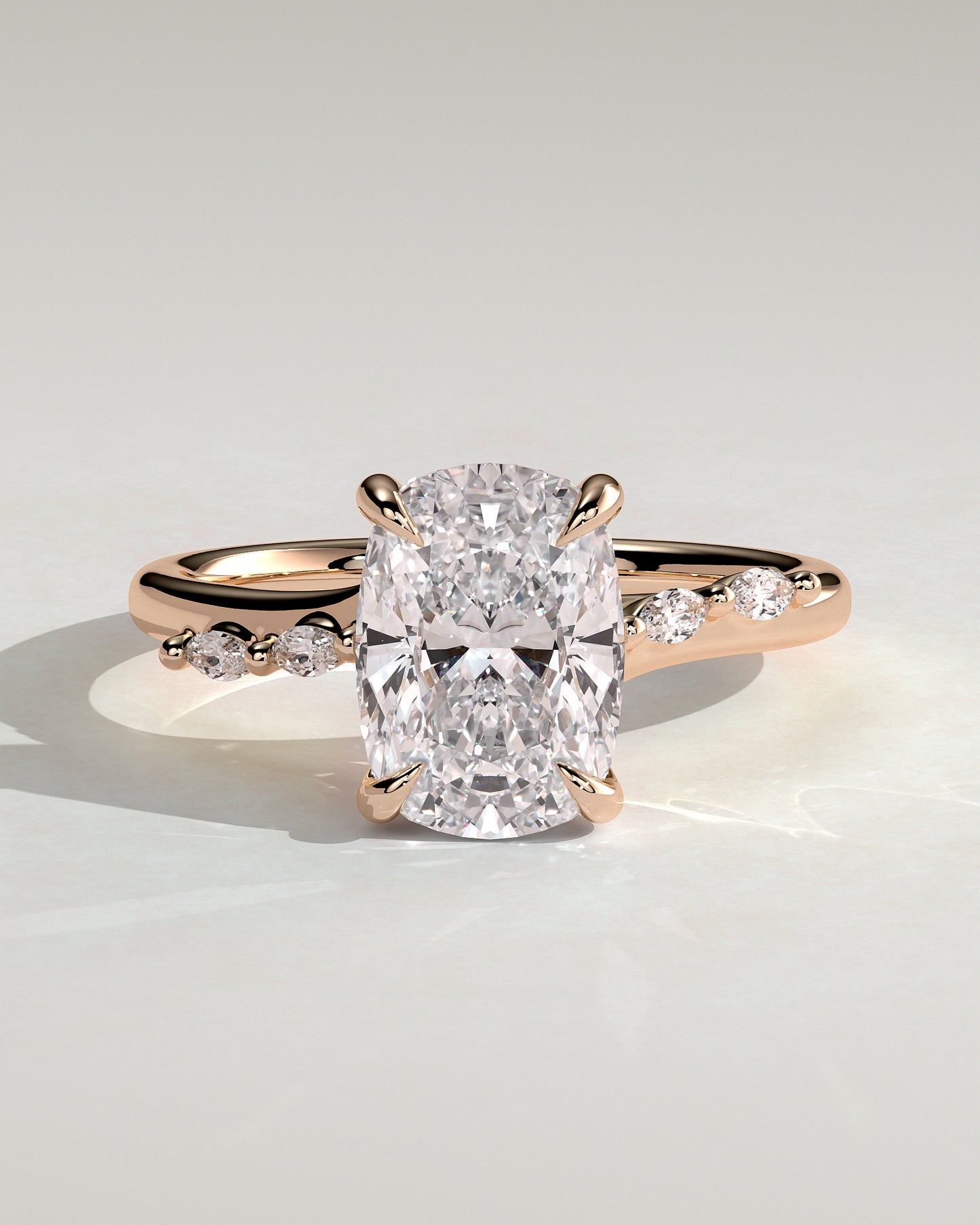 Elle - Elongated Cushion Claw Solitaire with Hidden Halo, Opposing Marquise Accents and Cathedral High Setting Engagement Ring - Rose Gold