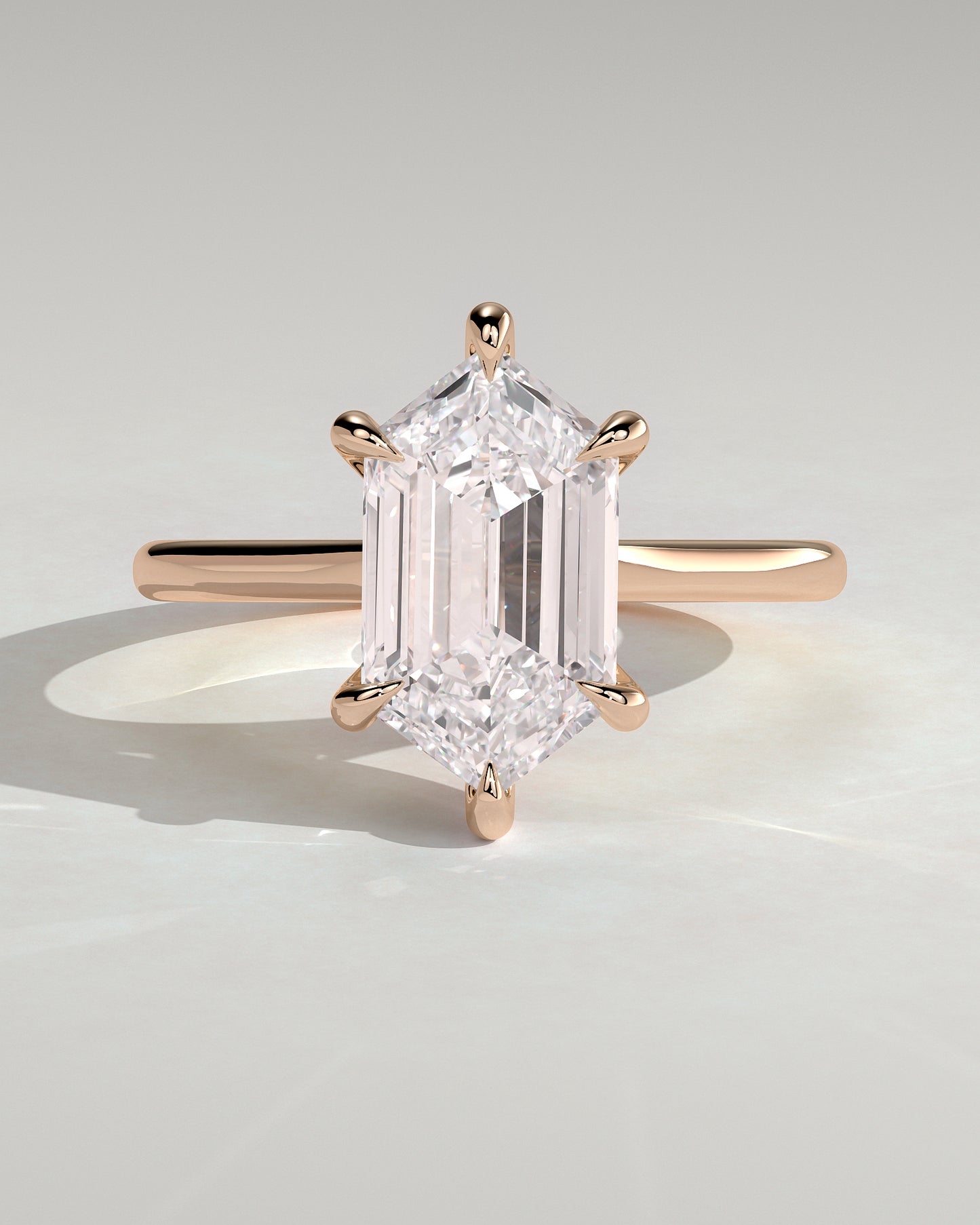 Anastasia - Elongated Hexagon Claw Solitaire with Hidden Halo and Cathedral High Setting Engagement Ring - Rose Gold