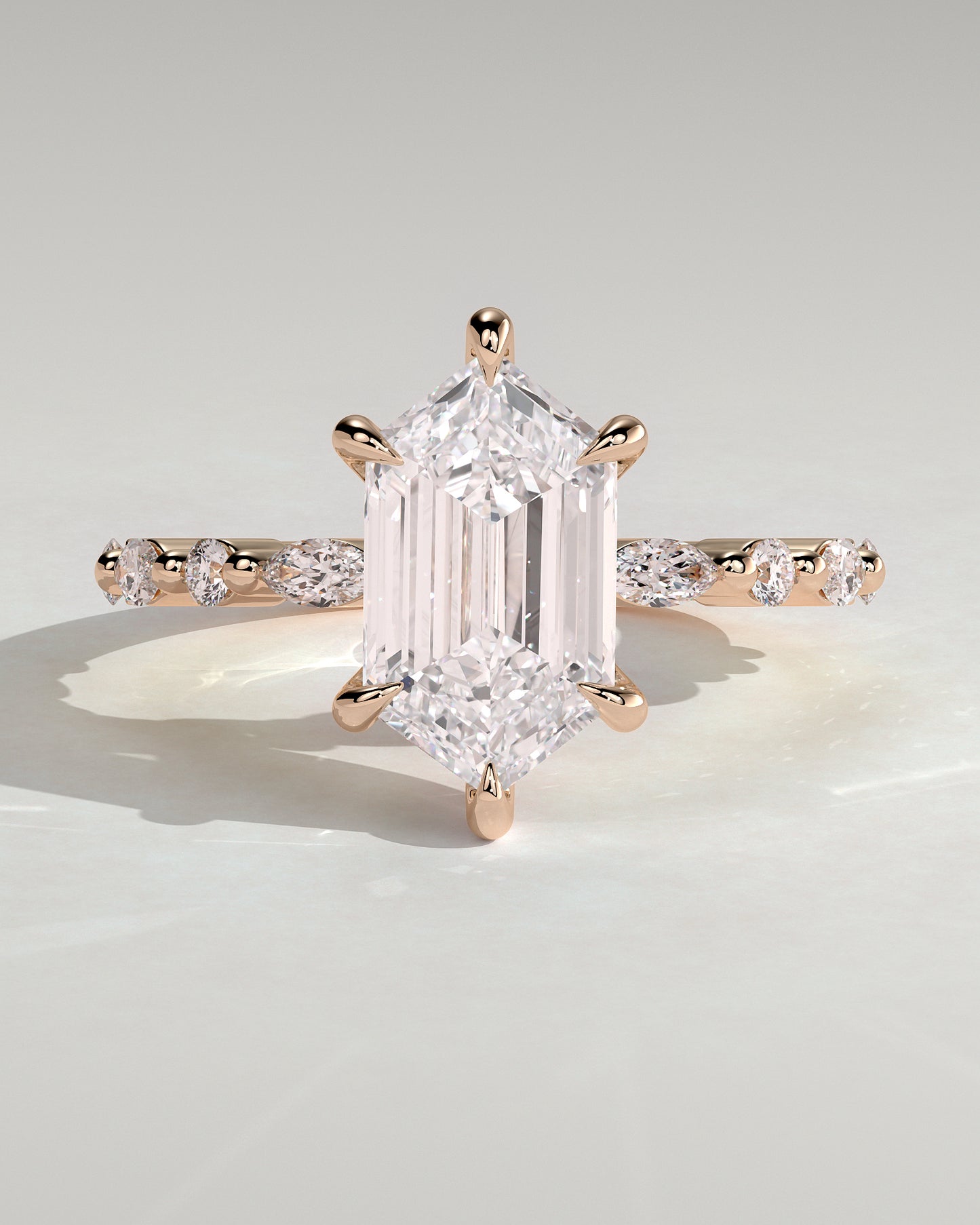 Agnes - Elongated Hexagon Claw Solitaire with Marquise and Round Accent Stones Engagement Ring - Rose Gold