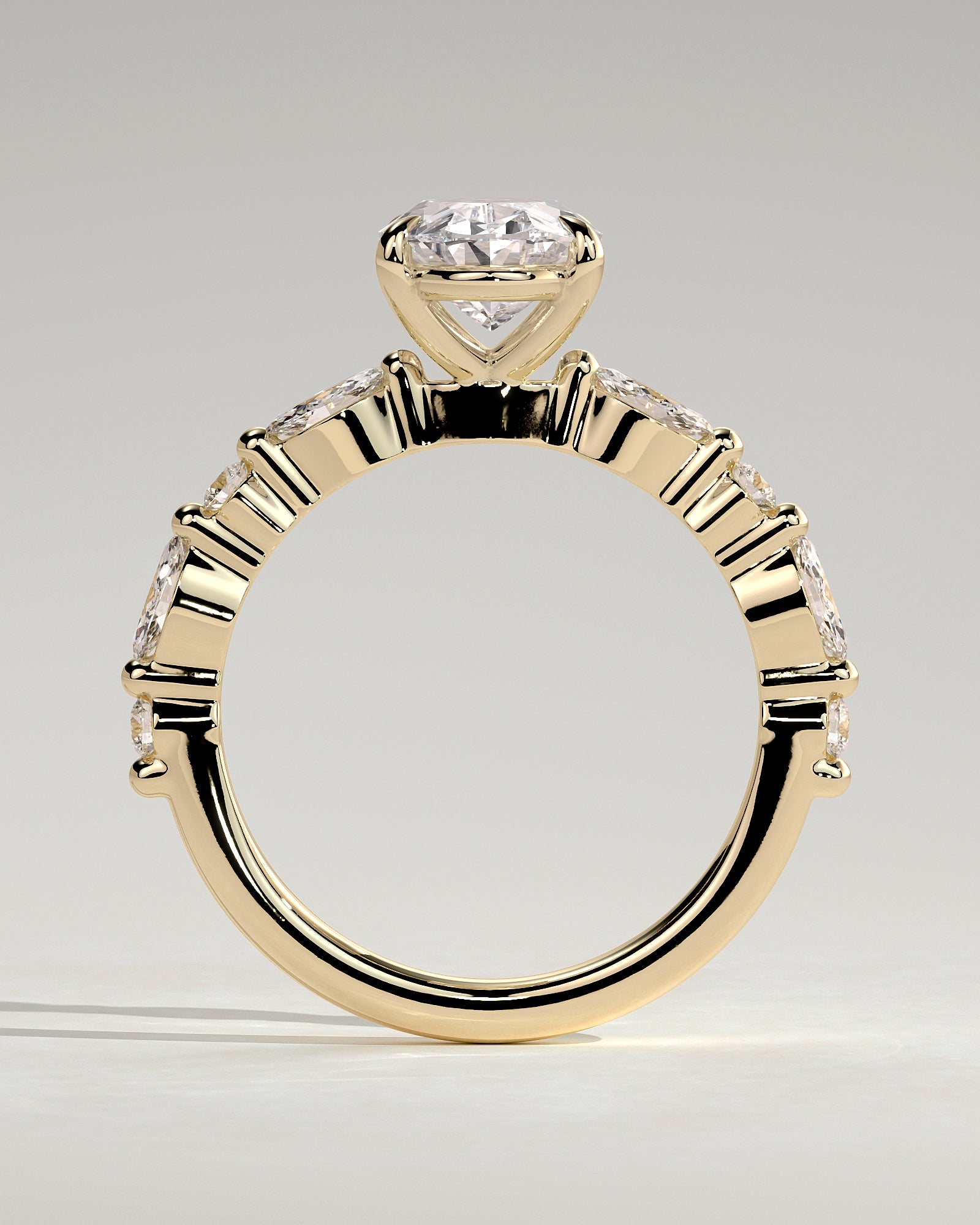 Alyssa - Oval Claw Solitaire with Marquise and Round Accent Stones Engagement Ring - Yellow Gold - Yellow Gold 2ct