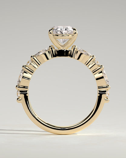 Alyssa - Oval Claw Solitaire with Marquise and Round Accent Stones Engagement Ring - Yellow Gold - yellow gold - Lara Jewels
