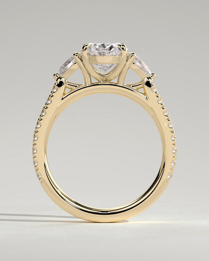 Arabella - Oval Claw Trilogy with Pear Side Stones and Pave Band Engagement Ring - Yellow Gold