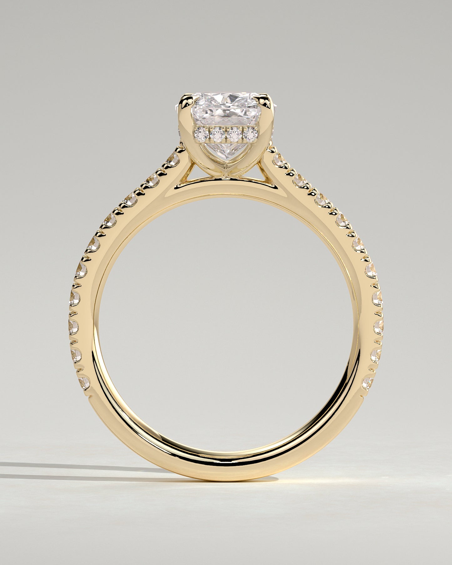 Annika - Elongated Cushion Claw Solitaire with Hidden Halo, Pave Band and Cathedral High Setting Engagement Ring - Yellow Gold - Yellow Gold 2ct