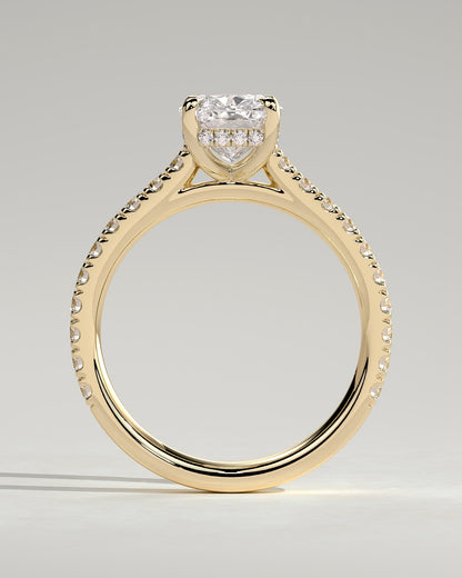Annika - Elongated Cushion Claw Solitaire with Hidden Halo, Pave Band and Cathedral High Setting Engagement Ring - Yellow Gold