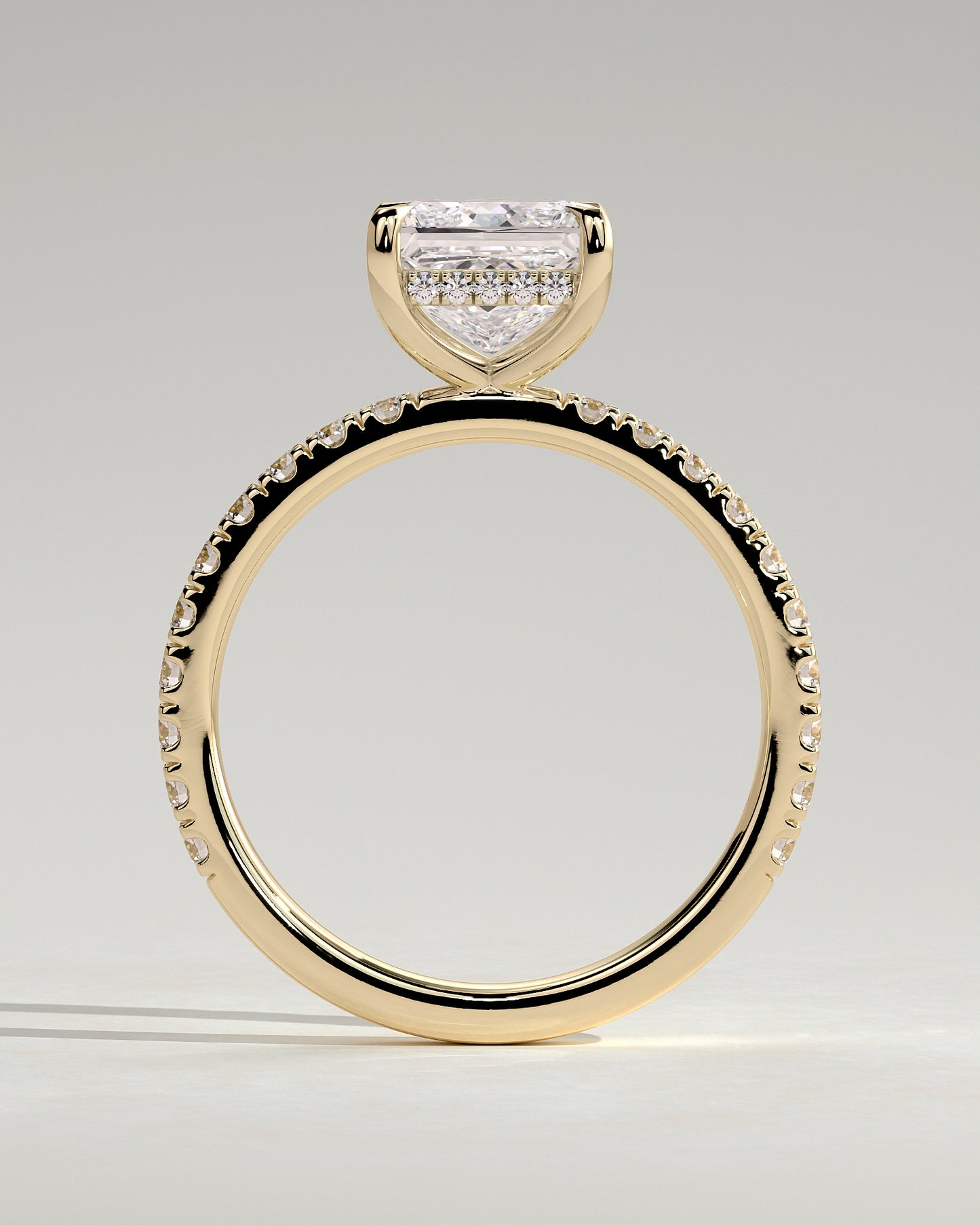 Annie - Princess Claw Solitaire with Hidden Halo and Pave Band Engagement Ring - Yellow Gold - Yellow Gold 2ct