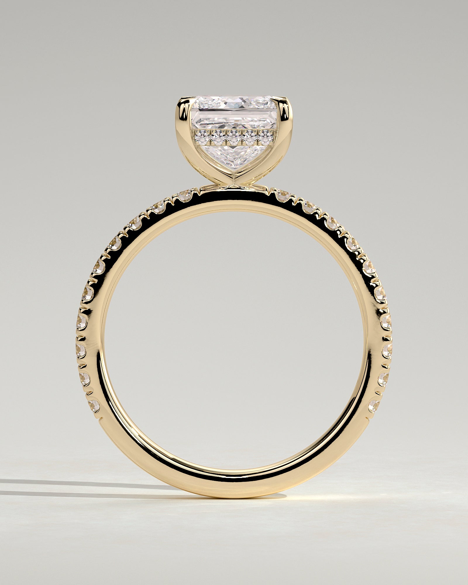 Annie - Princess Claw Solitaire with Hidden Halo and Pave Band Engagement Ring - Yellow Gold - Yellow Gold 2ct