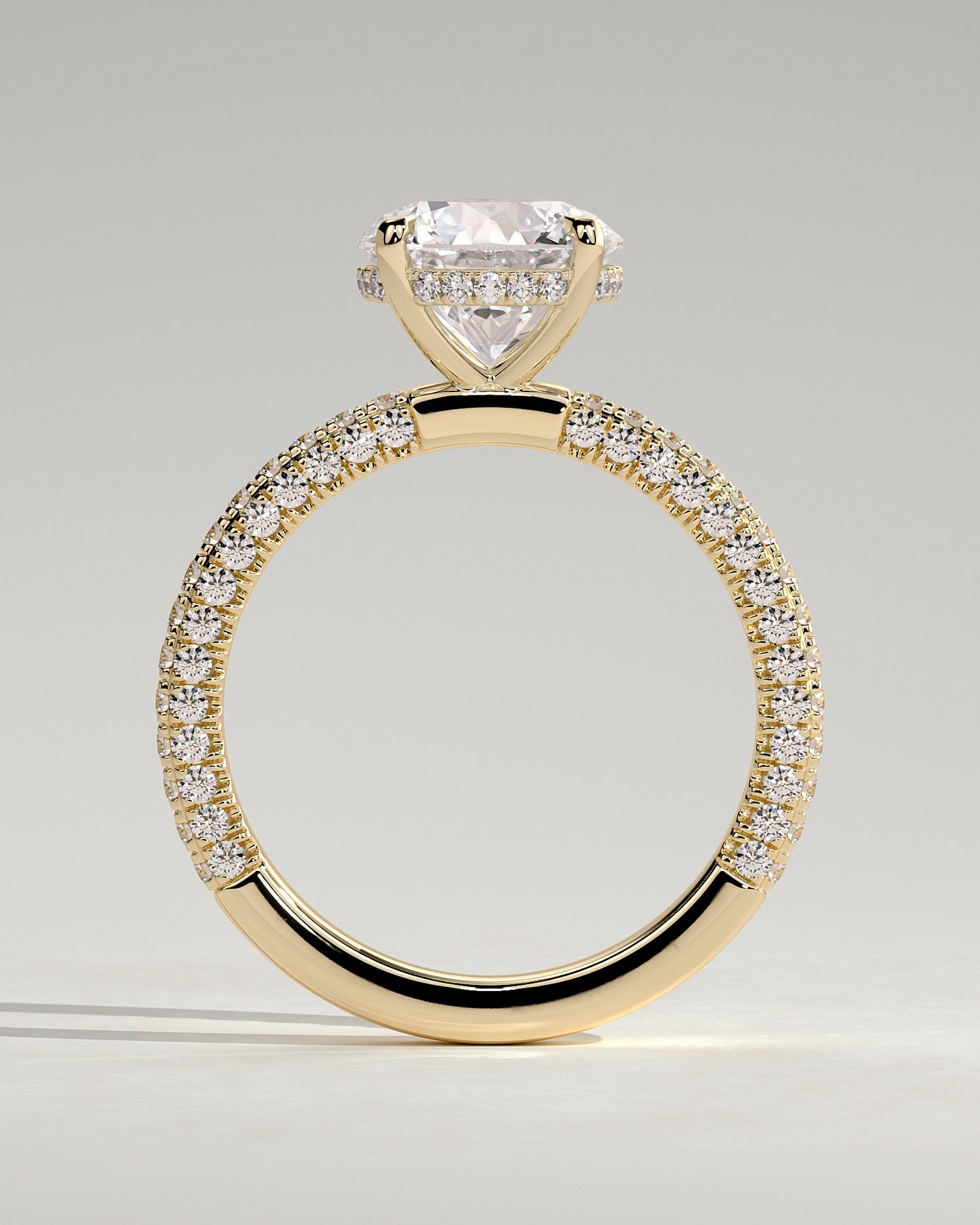 Alex - Round Claw Solitaire with Hidden Halo and Triple Pave Band Engagement Ring - Yellow Gold - Yellow Gold 2ct