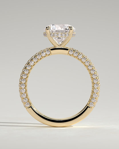 Alex - Round Claw Solitaire with Hidden Halo and Triple Pave Band Engagement Ring - Yellow Gold