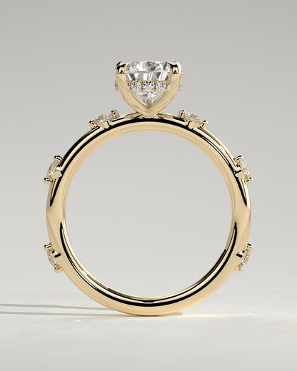 Amora - Pear Claw Solitaire with 6 Spaced Round Accent Stones and Hidden Halo Engagement Ring - Yellow Gold