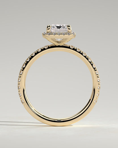 Analyce - Emerald Claw Solitaire with Halo and Pave Band Engagement Ring - Yellow Gold