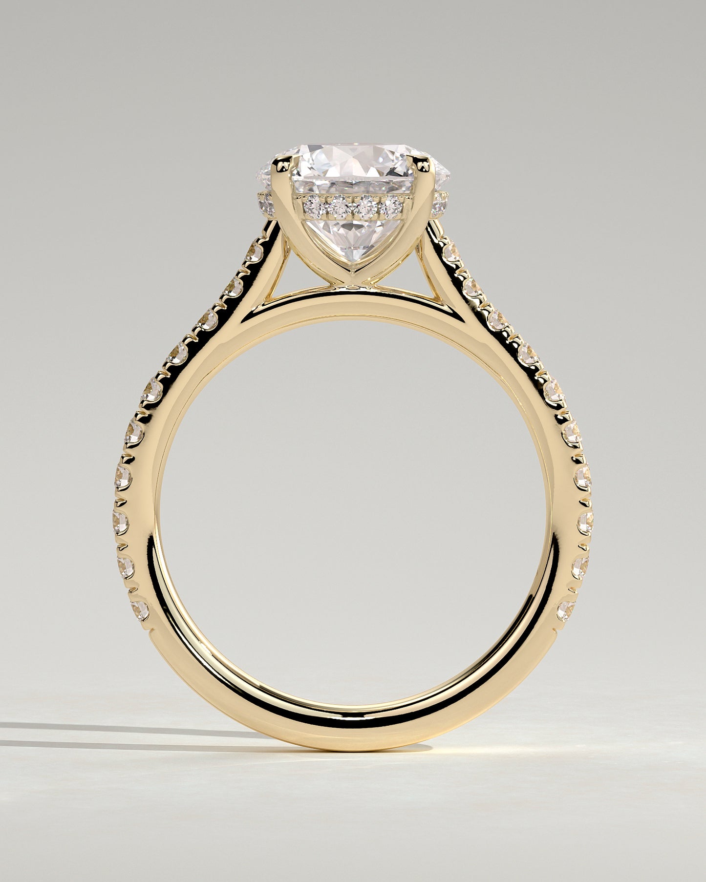 Ashlea - Round Claw Solitaire with Hidden Halo, Pave Band and Cathedral High Setting Engagement Ring - Yellow Gold - Yellow Gold 2ct