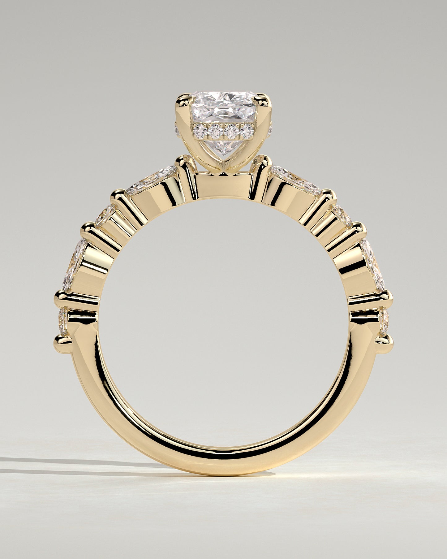 Cali - Elongated Cushion Claw Solitaire with Marquise-Round Accent Stones and Hidden Halo Engagement Ring - Yellow Gold - Yellow Gold 2ct