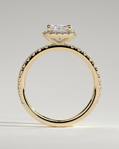 Catherine - Radiant Claw Solitaire with Halo and Pave Band Engagement Ring - Yellow Gold