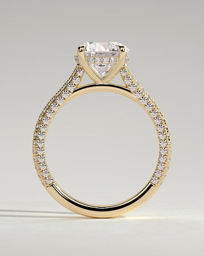 Chelsea - Round Claw Solitaire with Hidden Halo, Triple Pave Band and Cathedral High Setting Engagement Ring - Yellow Gold