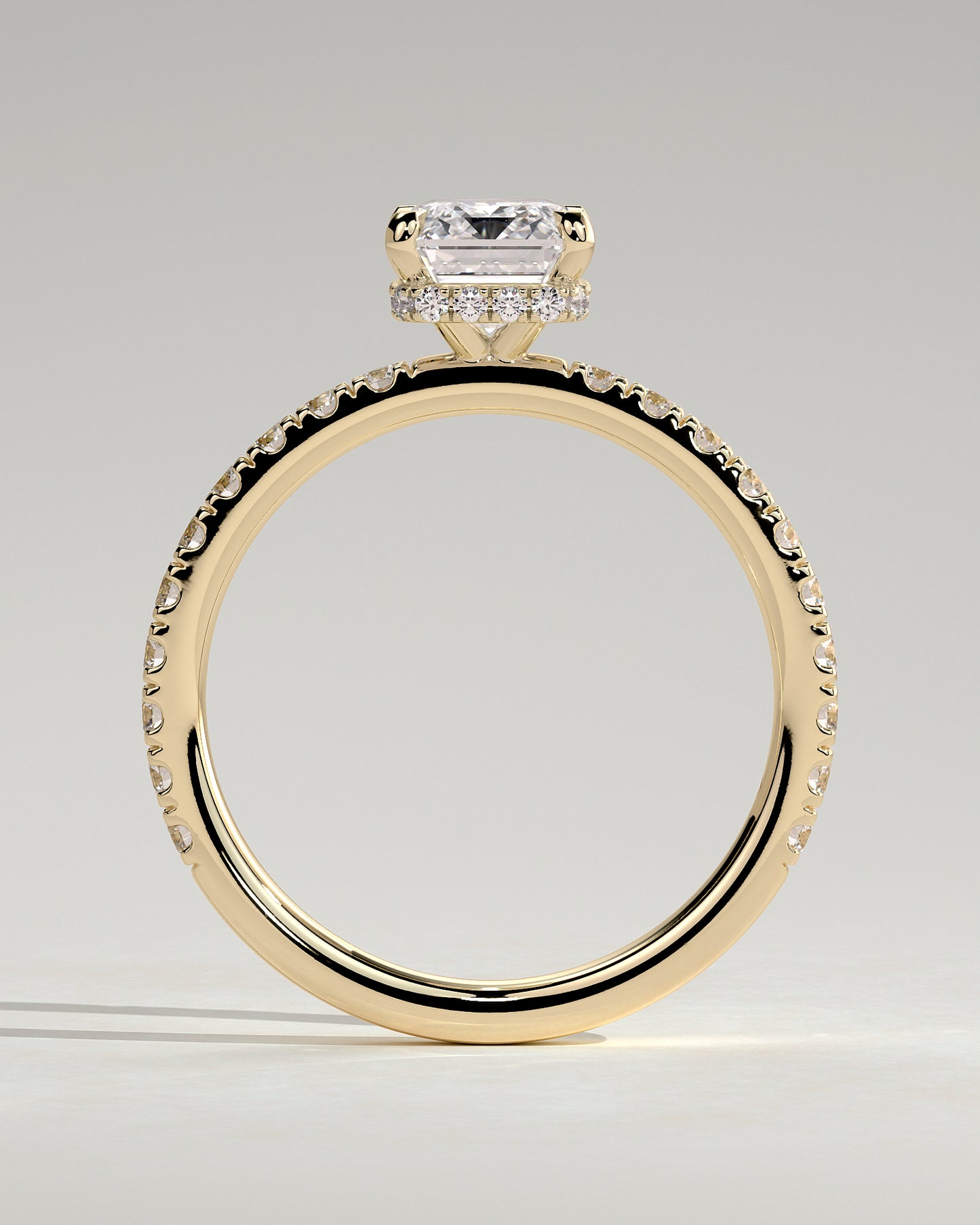 Eliana - Emerald Claw Solitaire with Wrap Around Hidden Halo and Pave Band Engagement Ring - Yellow Gold - Yellow Gold 2ct
