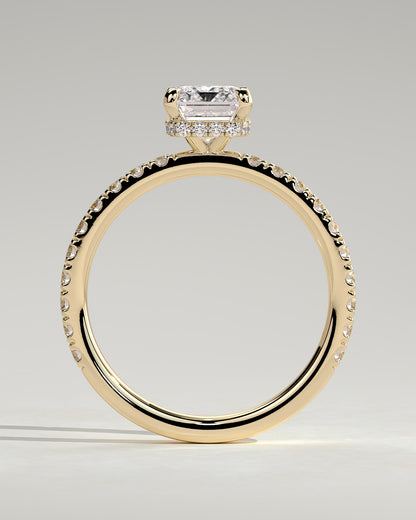 Eliana - Emerald Claw Solitaire with Wrap Around Hidden Halo and Pave Band Engagement Ring - Yellow Gold