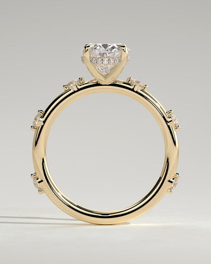 Elise - Oval Claw Solitaire with 6 Spaced Round Accent Stones and Hidden Halo Engagement Ring - Yellow Gold