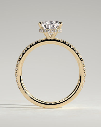 Keira - Pear Claw Solitaire with Wrap Around Hidden Halo and Pave Band Engagement Ring - Yellow Gold