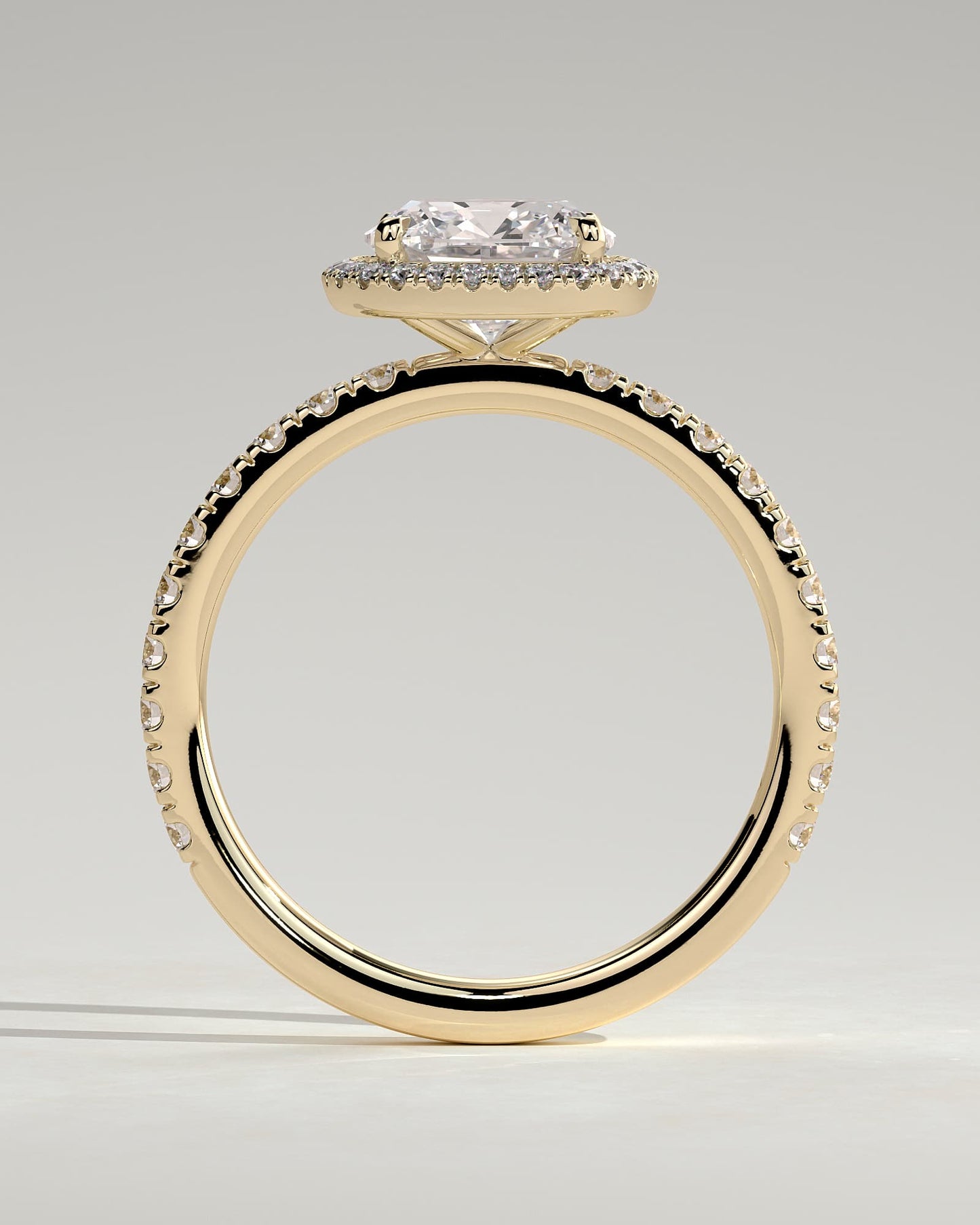 Suzana - Cushion Claw Solitaire with Halo and Pave Band Engagement Ring - Yellow Gold