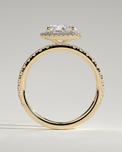 Suzana - Cushion Claw Solitaire with Halo and Pave Band Engagement Ring - Yellow Gold