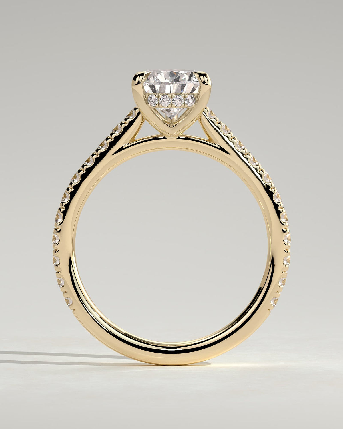 Katrina - Pear Claw Solitaire with Hidden Halo, Pave Band and Cathedral High Setting Engagement Ring - Yellow Gold