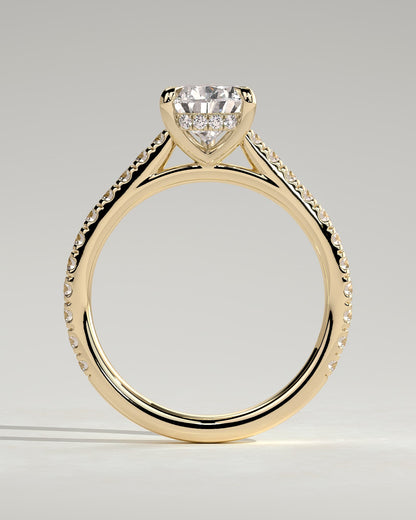 Katrina - Pear Claw Solitaire with Hidden Halo, Pave Band and Cathedral High Setting Engagement Ring - Yellow Gold