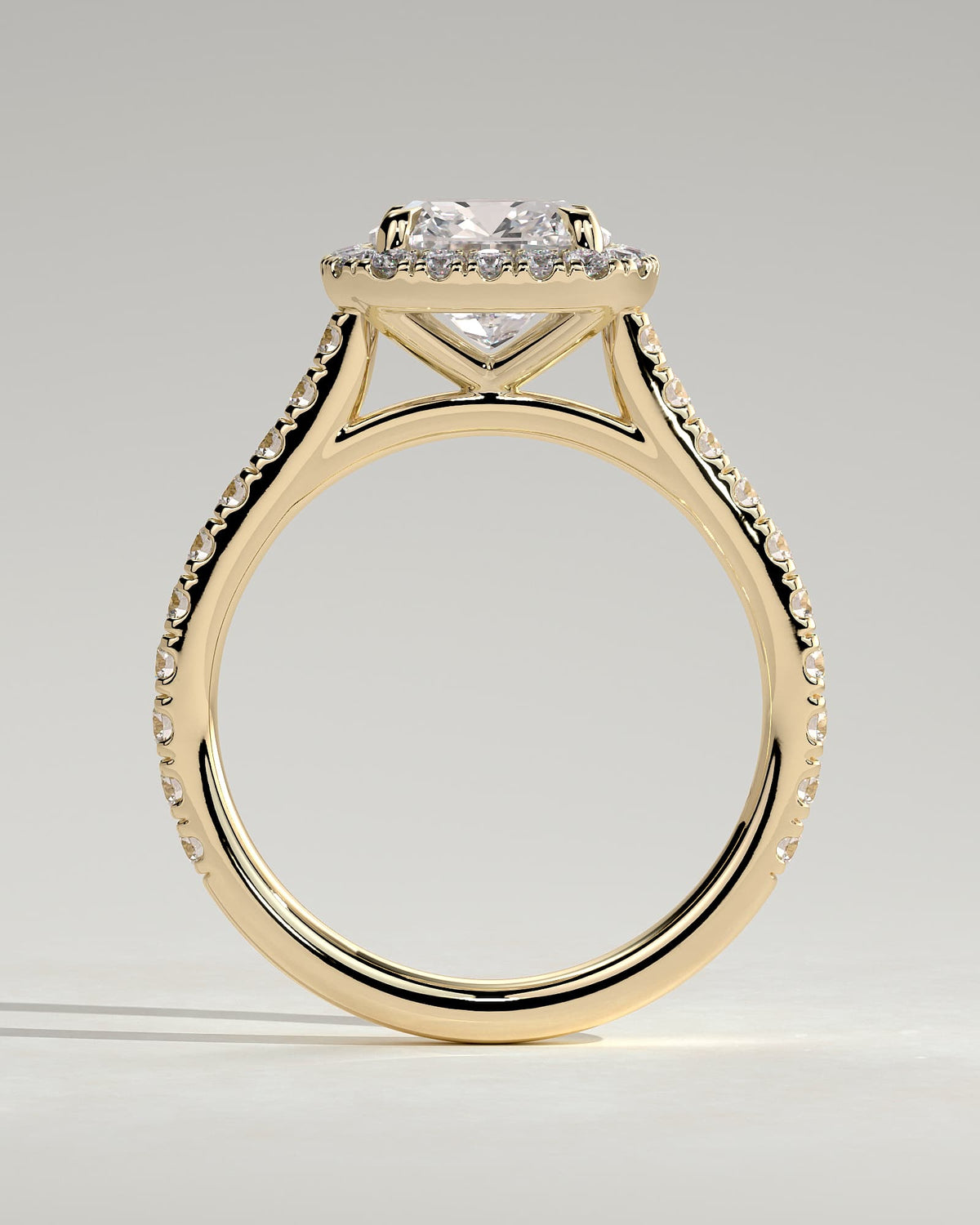 Nicole - Cushion Claw Solitaire with Halo and Pave Band and Cathedral High Setting Engagement Ring - Yellow Gold