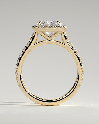 Nicole - Cushion Claw Solitaire with Halo and Pave Band and Cathedral High Setting Engagement Ring - Yellow Gold