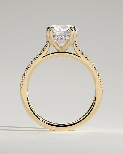 Amelia - Round Double Claw Solitaire with Hidden Halo, Tapered Pave Band and Cathedral High Setting Engagement Ring - Yellow Gold
