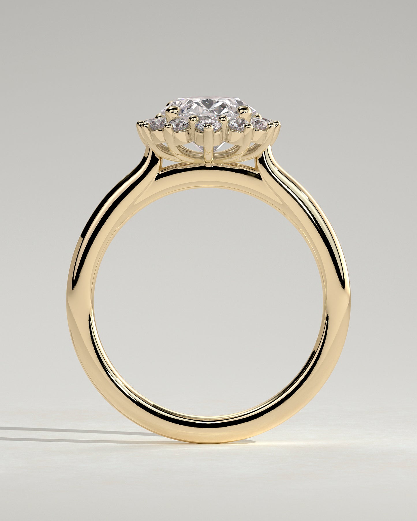 Arielle - Oval Claw Solitaire with Sunburst Halo and Cathedral High Setting Engagement Ring - Yellow Gold - Yellow Gold 2ct