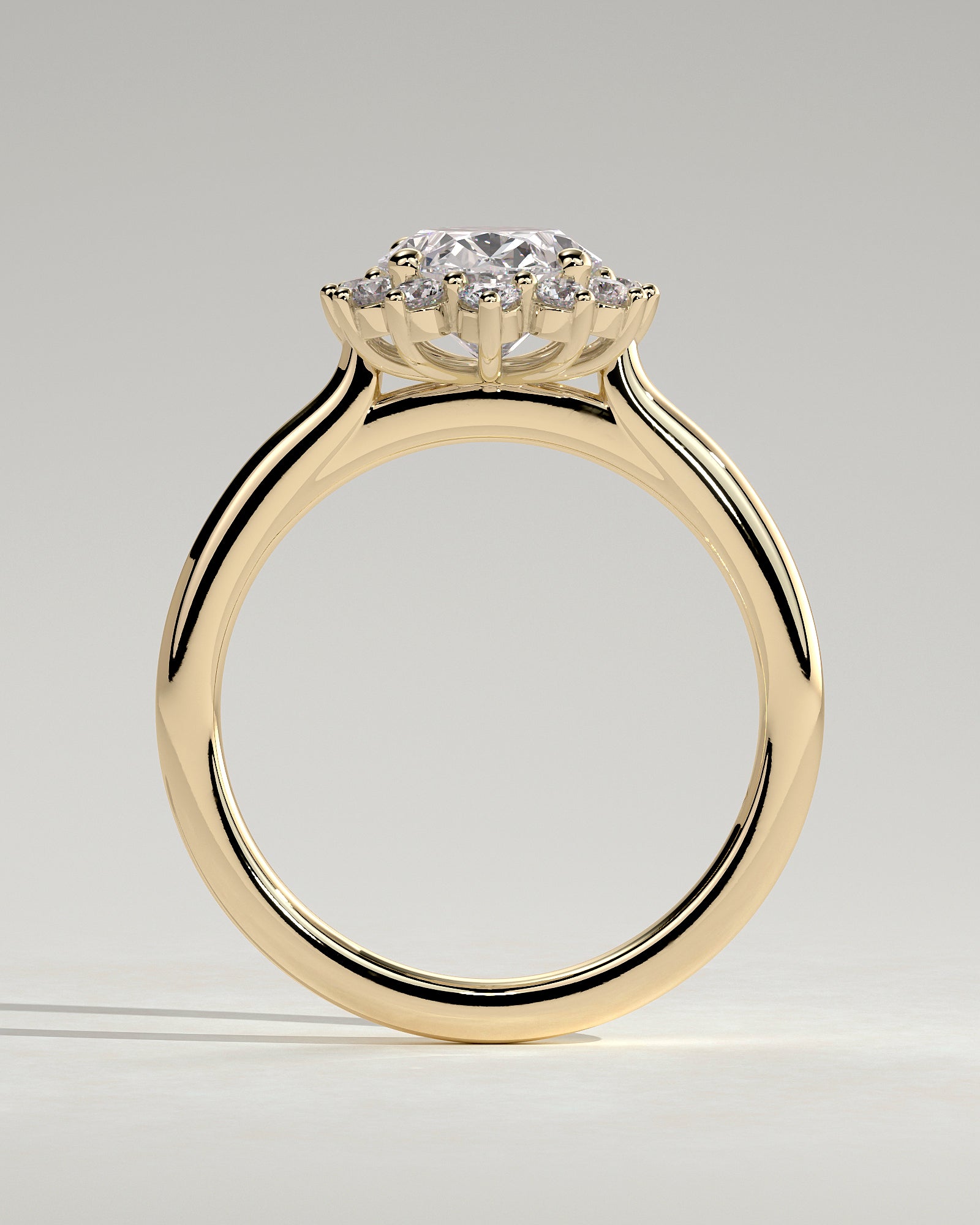 Arielle - Oval Claw Solitaire with Sunburst Halo and Cathedral High Setting Engagement Ring - Yellow Gold - Yellow Gold 2ct