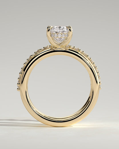 Athena - Oval Claw Solitaire with Double Plain-and-Round-Accent Stones Band Engagement Ring - Yellow Gold