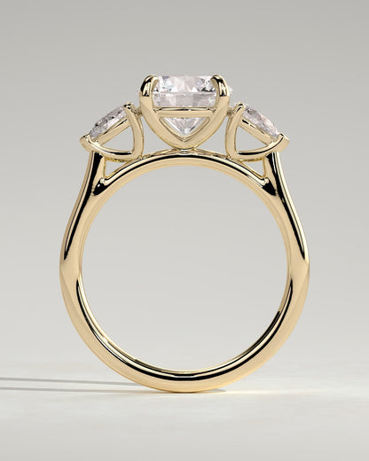 Arya - Round Claw Trilogy with Pear Side Stones and Cathedral Setting Engagement Ring - Yellow Gold
