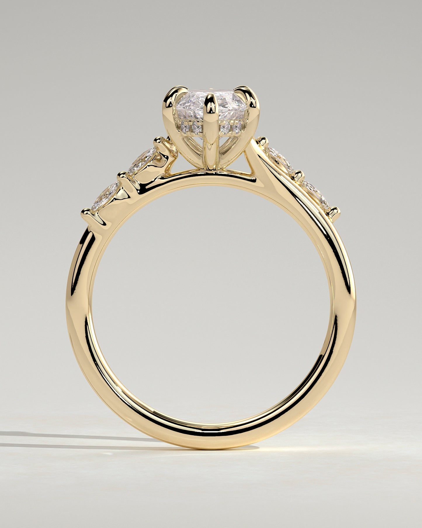 Elsie - Marquise Claw Solitaire with Hidden Halo, Opposing Marquise Accents and Cathedral High Setting Engagement Ring - Yellow Gold - Yellow Gold 2ct