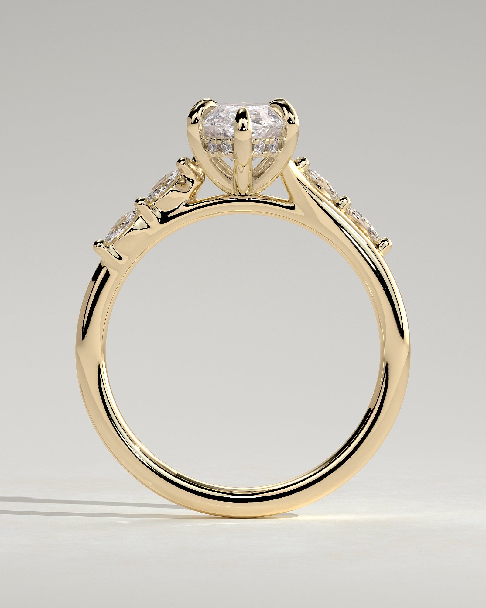 Elsie - Marquise Claw Solitaire with Hidden Halo, Opposing Marquise Accents and Cathedral High Setting Engagement Ring - Yellow Gold - Yellow Gold 2ct